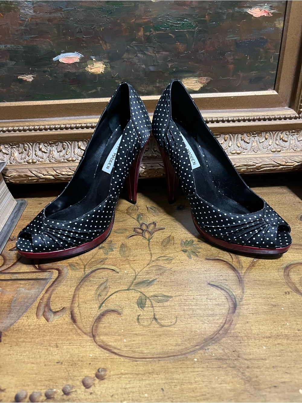 Vintage NWOT Peep Toe 50 Style Black/White Polka Dot Steve Madden Heels Size 7 M